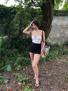 DINDI 防走光侧开叉短裙女弹力包臀半身裙a字 低腰黑色百搭裙裤