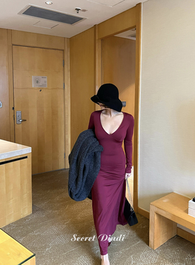 SECRET DINDI东方韵味深红色后绑带连衣裙收腰显身材百搭气质裙子