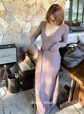 SECRET DINDI摩洛哥厚加绒抗条v领花瓶连衣裙百搭修身显身材裙子