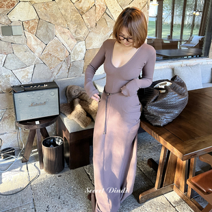 SECRET 显身材裙子 DINDI摩洛哥厚加绒抗条v领花瓶连衣裙百搭修身