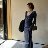 SECRET DINDI冷松花青色针织v领连衣裙长袖 休闲风通勤百搭裙子女