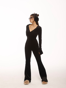 连体裤 DINDI 拉链修身 设计连帽丝绒连体微喇叭长袖 女 2023秋冬新款