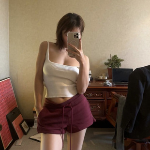 子女百搭 设计休闲运动酒红气质显腿长抽绳短裤 DINDI 春夏新款