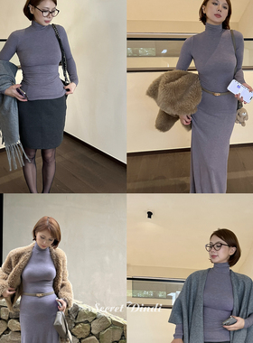 SECRET DINDI冬日序曲自发热保暖高领灰紫打底衫修身通勤连衣裙女