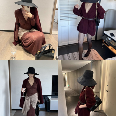 SECRET DINDI深红玫瑰驼绒酒红针织外套修身百搭通勤气质显瘦上衣