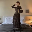 SECRET 通勤百搭裙子女 DINDI杜赛画廊磨毛重磅多层蛋糕连衣裙修身