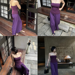 显瘦气质短款 SECRET 紫色胸垫抹胸女夏复古修身 简约风 上衣 DINDI