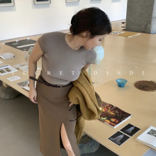 SECRET DINDI skim风 灰咖色小圆领短袖打底t恤女夏复古修身上衣
