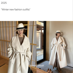 SECRET 领宽松外套女 DINDI雪人温柔糙米白双面羊绒大翻领大衣西装