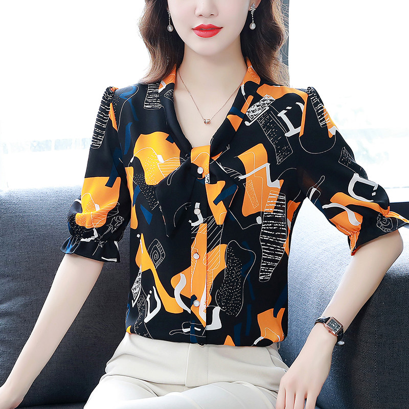 2024夏季新款时尚百搭V领印花宽松上衣女气质荷叶边短袖雪纺衬衫