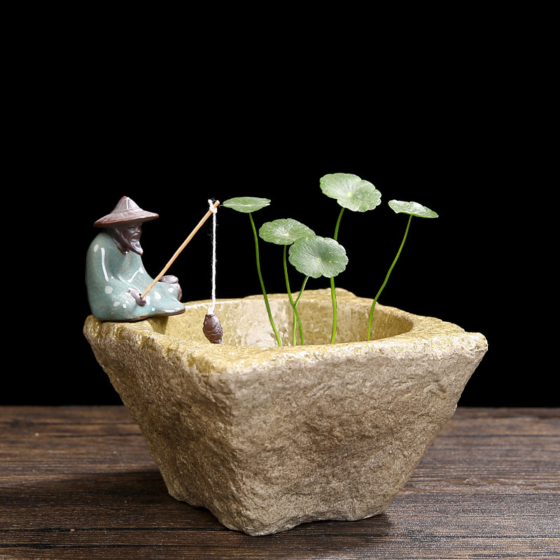 铜钱草水培水仙花盆仿石头石臼大号清仓水养碗莲个性创意陶瓷无孔