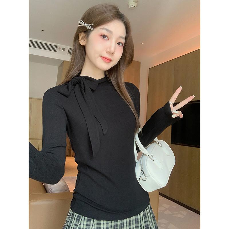 辣妹黑色磨毛加厚针织衫长袖女秋冬蝴蝶结绑带修身显瘦打底衫上衣