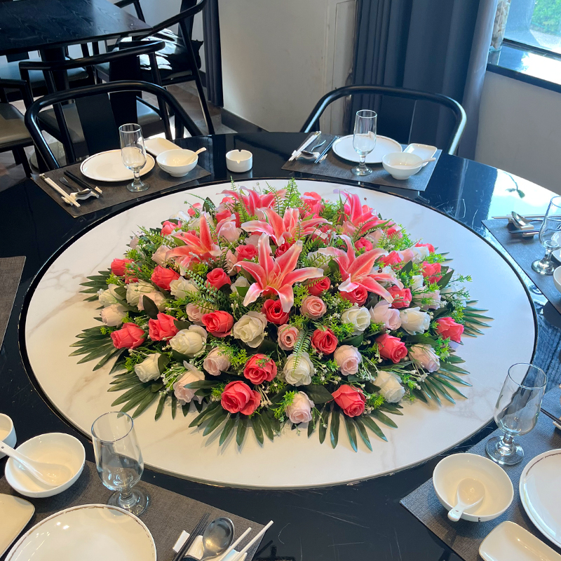 酒店转盘摆件包厢仿真花台花装饰花餐桌花摆花清新大圆桌中间假花
