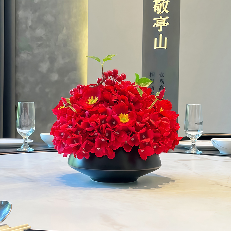 酒店圆桌转盘仿真花餐桌花摆花高端轻奢中间摆件装饰花创意茶桌花