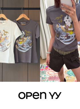 现货 OpenYY 26早春 马年骑木马可爱女孩童趣印花短袖T恤上衣