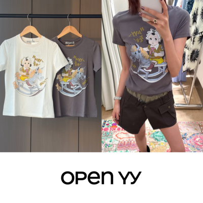 现货 OpenYY 26早春 马年骑木马可爱女孩童趣印花短袖T恤上衣