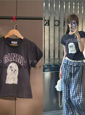 现货 Ganni 25年早秋 新款小狗印花纯棉修身短款短袖T恤