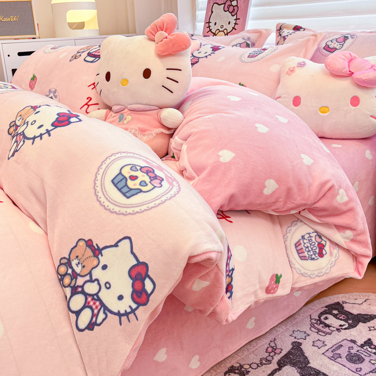 hellokitty冬季加厚牛奶绒四件套法兰绒卡通被套儿童珊瑚绒三件套
