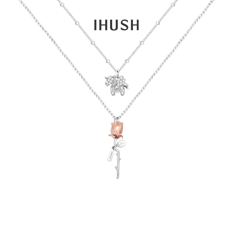 ihush/俏物悄语玫瑰独角兽双层毛衣链女锁骨链时尚原创情人节礼物