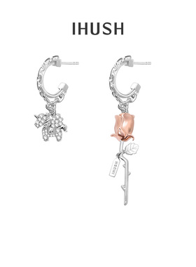 ihush/俏物悄语玫瑰独角兽耳环女不对称耳钉耳饰原创轻奢情人节礼
