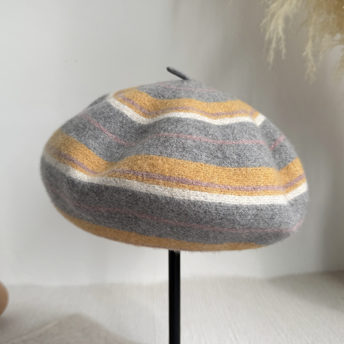 贝雷帽子女秋冬日系时尚撞色条纹