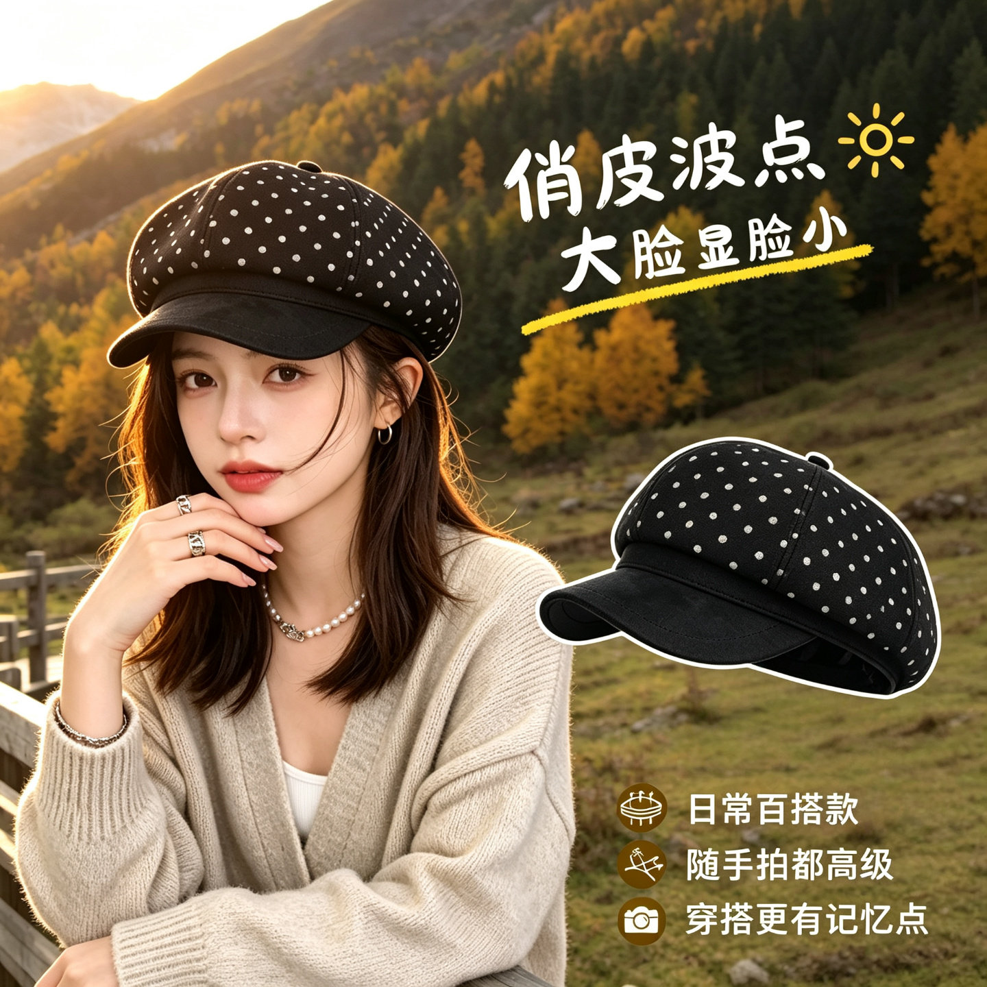 俏皮波点复古麂皮绒贝雷帽女秋冬大头围显脸小皮带报童八角帽子潮