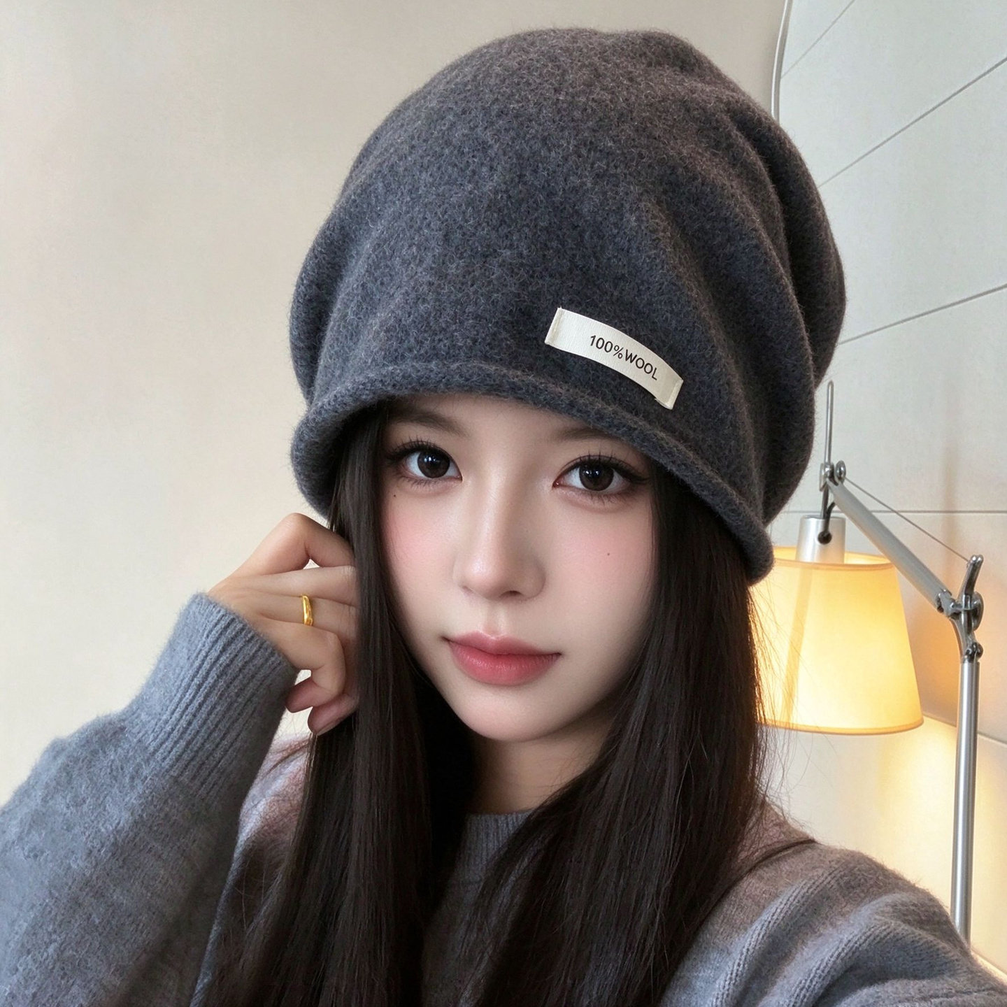 羊毛堆堆帽女秋冬保暖冷帽显脸小大头围针织帽时尚护耳帽套头帽潮
