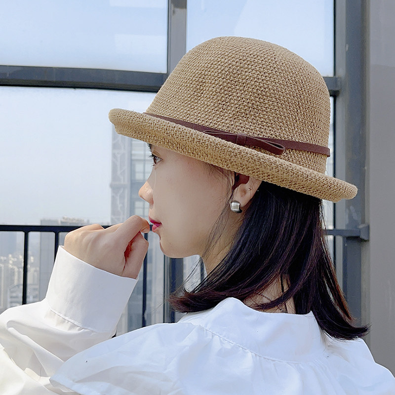 日系卷边丸子帽透气棉麻针织遮阳帽渔夫帽日系盆帽丸子帽小礼帽女