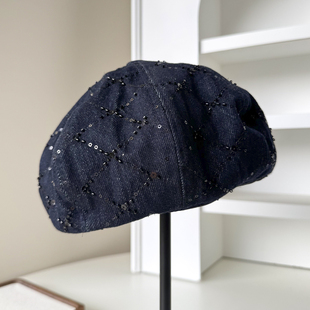 画家帽显脸小 型蓓蕾帽时尚 日单手工串珠装 饰牛仔贝雷帽加大云朵版