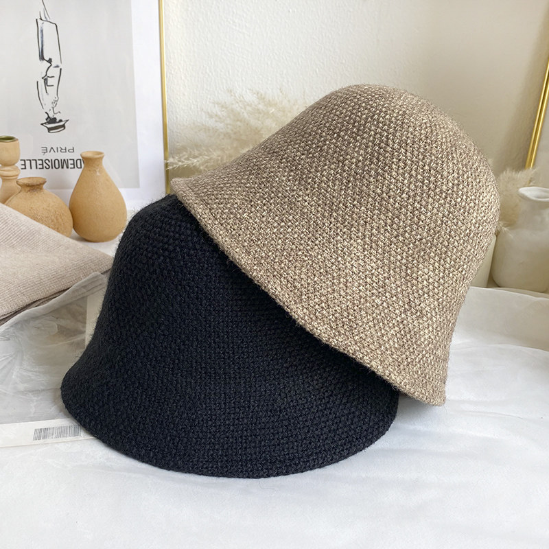 羊毛针织渔夫帽子女纯色圆顶盆帽秋冬保暖韩版针织帽情侣帽逛街潮