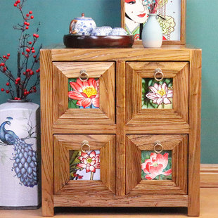 高53宽50深40 老榆木榫卯 床头柜斗柜 镶嵌唐三彩陶瓷板画艺术