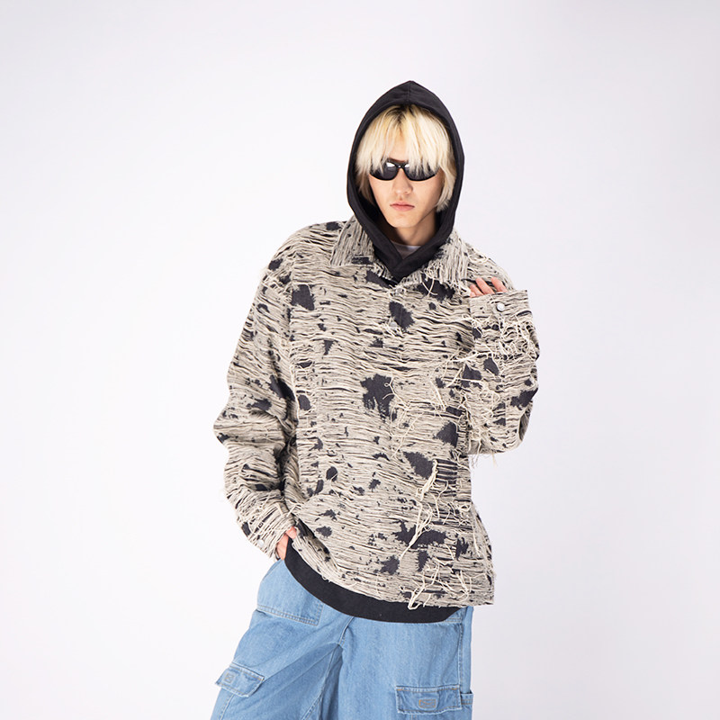 DMENSION23AW撞色做旧破坏流苏满线套头牛仔夹克外套小众