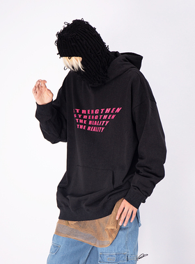 DMENSION23春撞色slogan印花蜡染黑色做旧连帽卫衣小众潮流中性