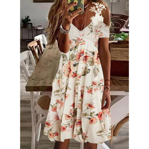2022 European and American summer cross border women's Amazon printed skirt off shoulder lace short sleeved dress