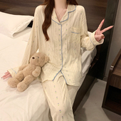 仿棉睡衣女士春秋季 长袖 开衫 新款 可外穿仿棉翻领家居服套装 高级感
