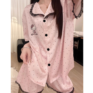 家居服套装 夏季 短裤 新款 黑色波点蕾丝边甜美凯蒂猫冰丝睡衣女短袖