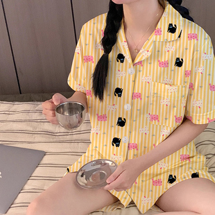 奶黄套装 韩系卡通小猫短袖 夏季 慵懒风开衫 可爱甜美家居服 睡衣女款