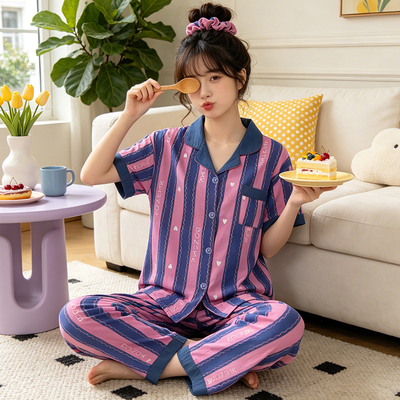 轻奢简约复古风设计条纹夏季短袖长裤俩件套开衫家居服可外穿套装