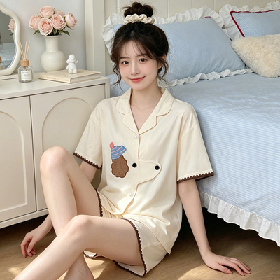 简约贝壳花边卡通夏季舒适休闲风短袖短裤俩件套舒适居家服可外穿