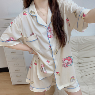 ins甜美可爱小猫夏季 短袖 韩版 新款 短裤 睡衣女简约休闲家居服套装