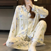 仿棉翻领开衫 长袖 长裤 甜美风印花睡衣女春秋薄款 家居服套装 可外穿