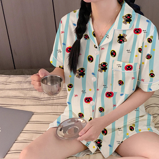 爆款 休闲短袖 夏季 pingu企鹅条纹睡衣女款 短裤 甜美可爱家居服套装