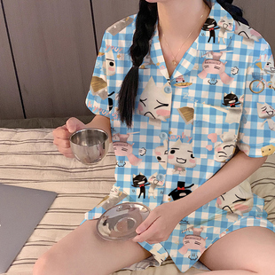 学生可外穿家居服套装 夏季 短裤 新款 卡通甜美可爱多罗猫睡衣女短袖