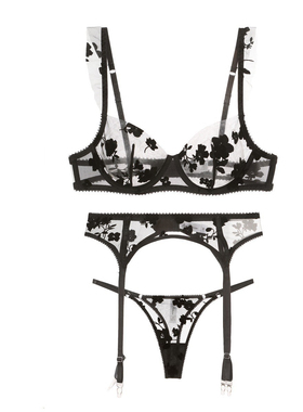 法式性感蕾丝内衣女超薄刺绣大胸显小聚拢上托防下垂文胸吊袜套装