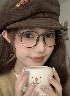 韩版tr90圆框圆脸防蓝光眼镜潮茶色近视镜女ins小红书小脸镜框架