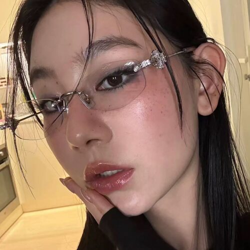 复古y2k无边框镶钻多边形眼镜女高智感纯欲风素颜高级感平光镜