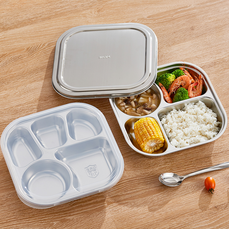 食品级304不锈钢餐盘成人三格上班族食堂打饭快餐盒四格分格饭盒