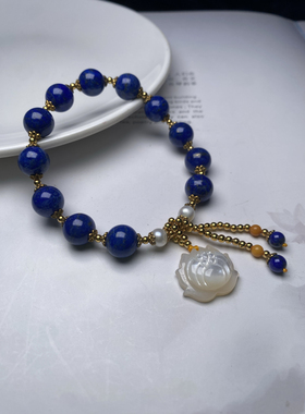 青金石手链塔配珍珠蜜蜡圆珠老鱼骨玉兰花吊坠设计时尚简约大气