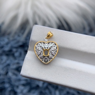 S925纯银吊坠空托椭圆形4*5mm双金色爱心饰品镂空时尚小众透辉石