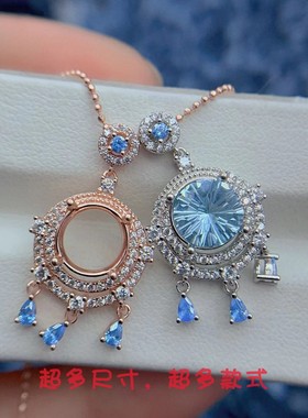 S925银吊坠空托天然托帕石项链坠